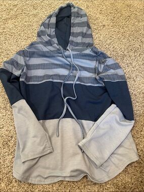 Women’s Hooded Long Sleeve Stripe Pullover - Navy & Light Gray